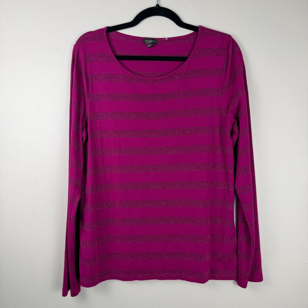 Talbots Top Women's Large Magenta Metallic Striped Long Sleeve Casual Pullover